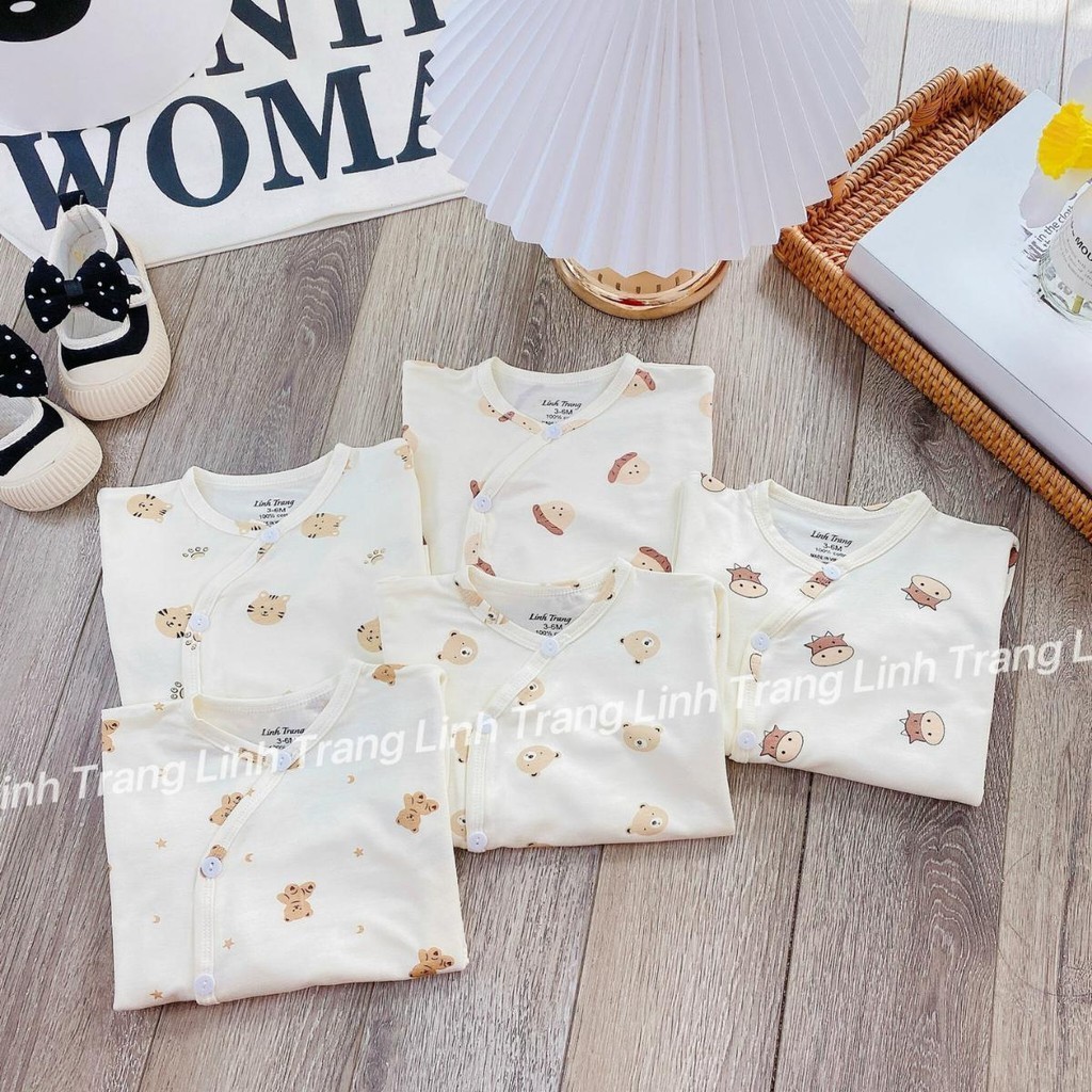 Combo 5 Áo dài tay sơ sinh vạt chéo thun lạnh phối màu LT in hoạ tiết cho bé 0 - 9 tháng  Đậu Đậu Store AL006