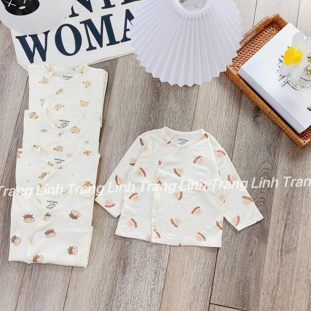 Combo 5 Áo dài tay sơ sinh vạt chéo thun lạnh phối màu LT in hoạ tiết cho bé 0 - 9 tháng  Đậu Đậu Store AL006