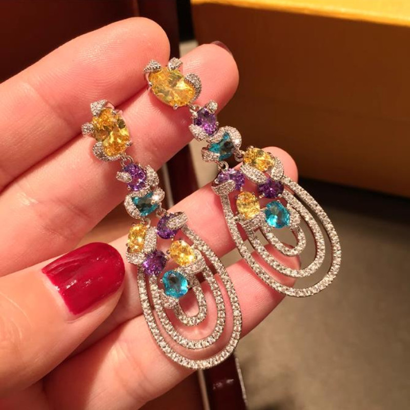 T Sang Trọng Nhiều Màu Sắc Zircon Tua Rua Bông Tai Giọt Nước Dài S925 Kim Bạc Sản Phẩm Mới Nhẹ Bông Tai Thời Trang Sang Trọng