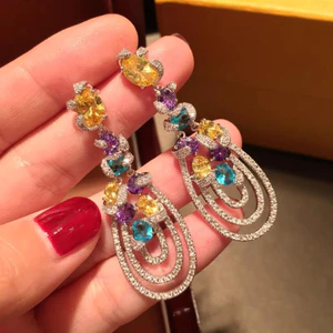 T Sang Trọng Nhiều Màu Sắc Zircon Tua Rua Bông Tai Giọt Nước Dài S925 Kim Bạc Sản Phẩm Mới Nhẹ Bông Tai Thời Trang Sang Trọng
