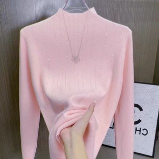 Thiết Kế Thời Trang Sense Kim Cương Đính Cổ Nửa Cổ Dệt Kim Đáy Áo Sơ Mi Nữ Thu Đông Phong Cách Mới Lớp