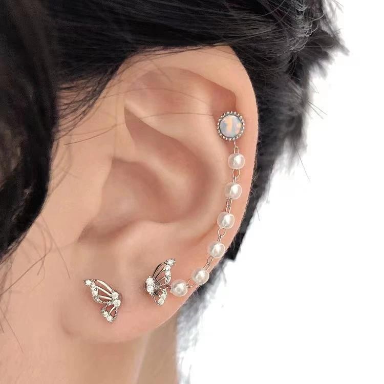 Cao cấp độc đáo nửa cạnh cánh bướm khâu ngọc trai Aobao Thời Trang Bông Tai Chuỗi tai tai xương tai khóa tai
