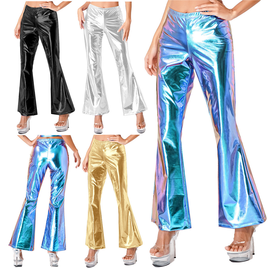 Txmy - Quần Disco kim loại sáng bóng cho nữ Loodgao Dây thắt lưng đàn hồi Chuông Quần loe đáy