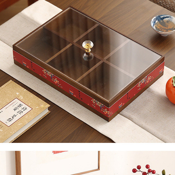 Hộp đựng trái cây sấy khô bằng gỗ nguyên khối Trung Quốc mới Hộp bảo quản giữ tươi Hộp đựng hạt chống ẩm Hộp trái cây chia năm mới Hộp kẹo bốn lưới tre Lễ hội mùa xuân Hộp đựng đồ ăn nhẹ