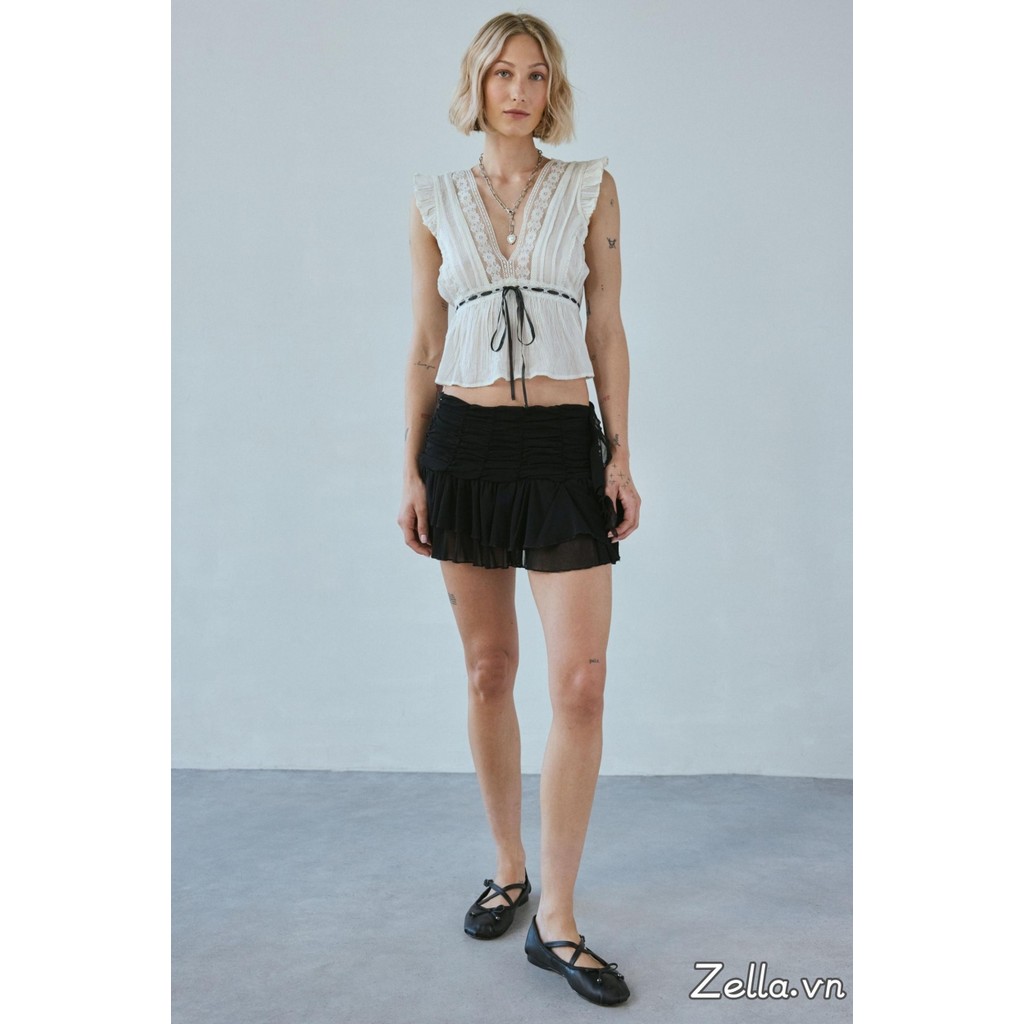 Nữ Ren Chắp Vá Xe Tăng Áo Mùa Hè Lông Tơ Tay Ruffle Hem Dây Buộc Trước Babydoll Vest