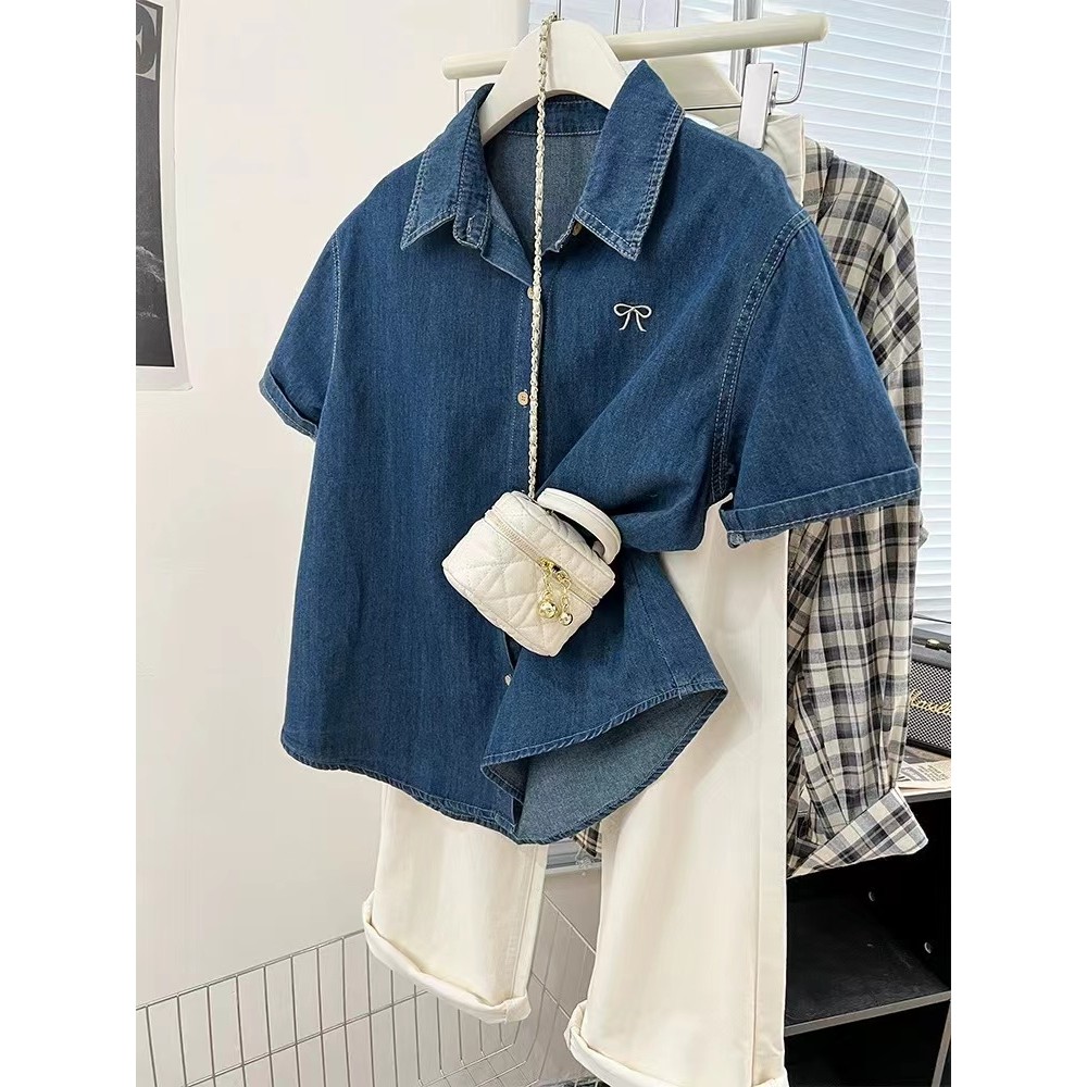 SUXI Áo sơ mi Denim ngắn tay thêu màu xanh đơn giản cho nữ mùa hè mới 250708