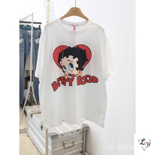Áo thun cotton ngắn tay rộng rãi kích thước lớn, áo dài cho cặp đôi [99% đánh giá tích cực] Dongdaemun, Hàn, in hình trái tim hoạt hình, áo thun cổ tròn ngắn tay rộng rãi cho phụ nữ