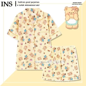 Bộ Đồ Ngủ Gấu Bông Cotton Nguyên Chất Cho Mùa Hè, Màu Vàng Kẻ Sọc Dễ Thương