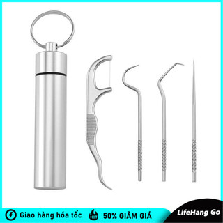 Set 4/7 hộp đựng răng Dụng Cụ Làm Sạch Răng Bằng Thép Không Gỉ Chuyên Nghiệp Kèm Hộp Đựng-bộ xỉa răng inox tăm xỉa răng