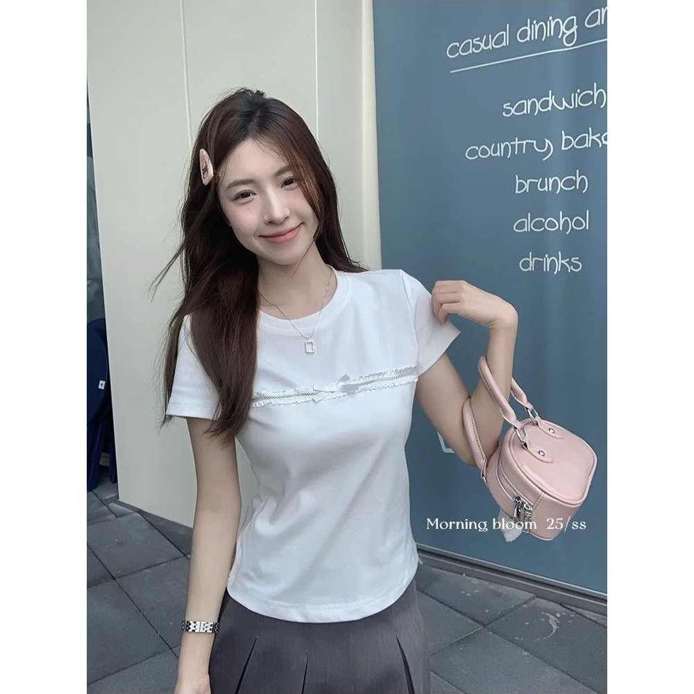 Milyfashion Cotton Nguyên Chất Nơ Trắng Rỗng Cổ Tròn Tay Ngắn T Mùa Hè Slim-fit Ôm Hơn Nhìn Phù Hợp Với Áo Ngắn Nữ tee