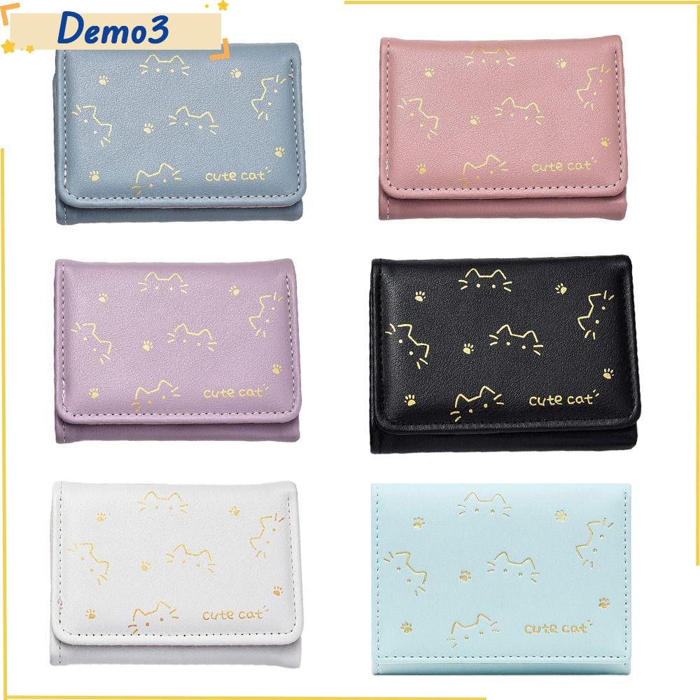 [DEMO3] Ví in hình mèo con, 3 lần Ví nhỏ ngắn dễ thương cho chó con dễ thương, Ví đựng tiền xu phong cách PU cổ điển dành cho bé gái Quà tặng học sinh