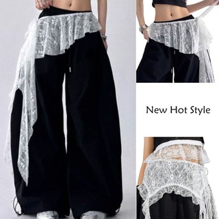 Váy mini ren Harajuku xuyên thấu không đều, thêu hoa, thiết kế buộc dây rèm mông