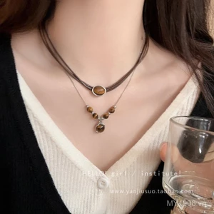 Vòng cổ mặt dây chuyền mắt hổ bằng da, thiết kế cổ điển và sang trọng cho nữ