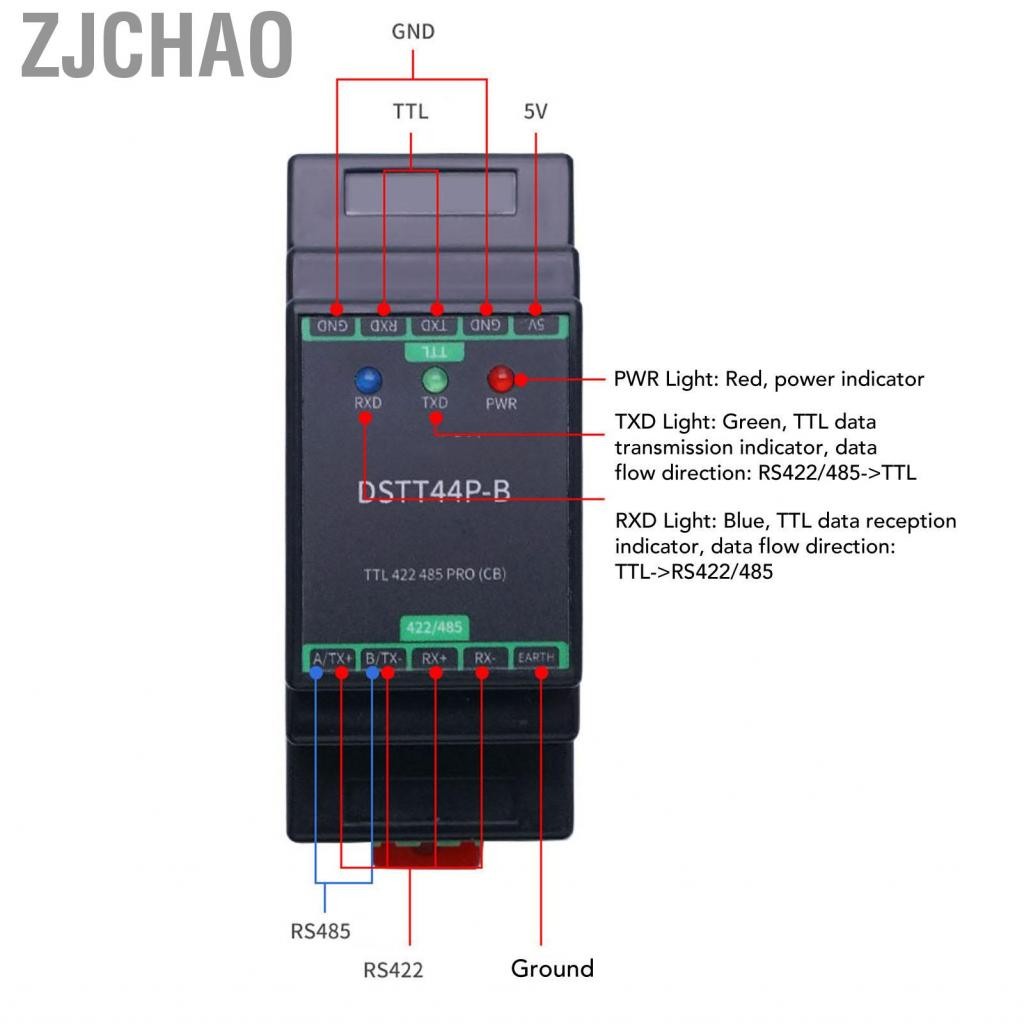 Zjchao Bộ chuyển đổi DIN TTL đến RS422 RS485 DIN Rail Mount DC Phân lập Công nghiệp Bị cô lập 422 485 Mô -đun bộ chuyển đổi với các chỉ báo LED