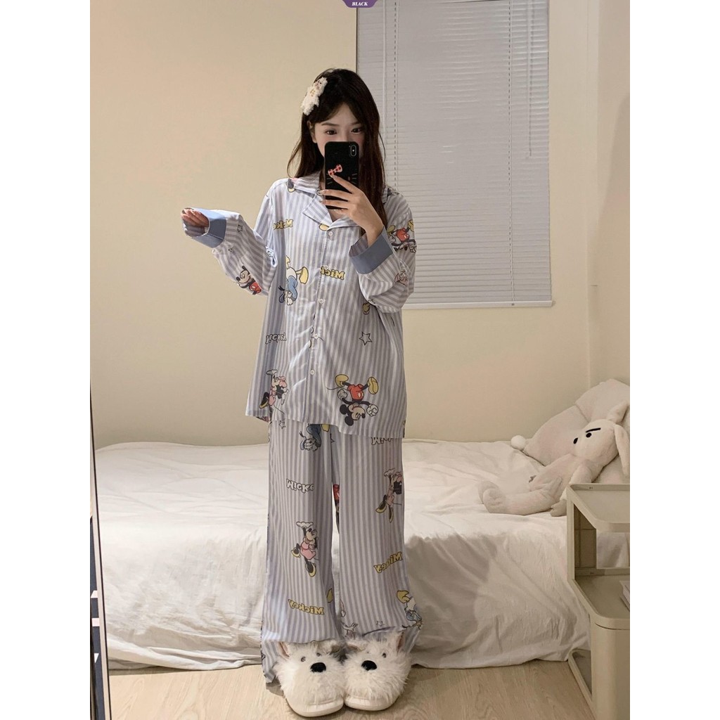 Bộ đồ ngủ vịt Mickey và Donald sọc xanh, quần dài tay, phù hợp xuân thu, bộ đồ gia đình