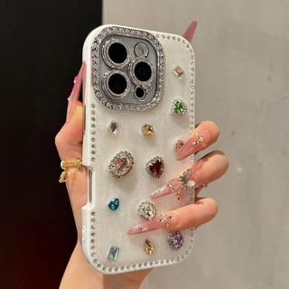 Advanced Flash Diamond Edge Cream Color Gem Phone Case cho iPhone16 15 14 13 Pro Max Bảo vệ Camera chống sốc Vỏ cứng chống rơi