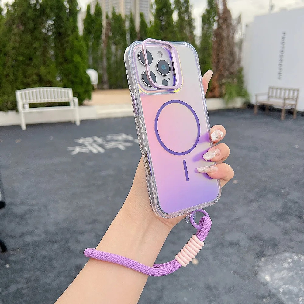 Từ Gradient Dây Đeo Cổ Tay Ốp Lưng Điện Thoại iPhone 17 16e 16 Pro Max 15 14 Plus 13 12 11 Dây Gấp Ống Kính Đứng
