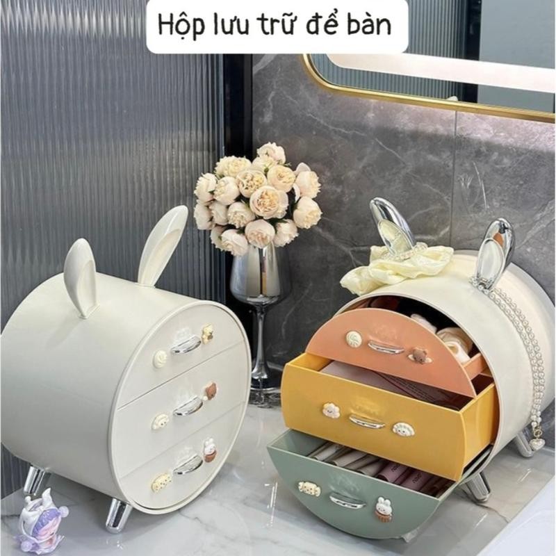 [Kèm Sticker] Hộp Lưu Trữ Để Bàn, Kệ Đựng Mỹ Phẩm Đựng Đồ Đa Năng Hình Tai Thỏ Có Nhiều Ngăn Kéo Tiện Dụng BB-AP