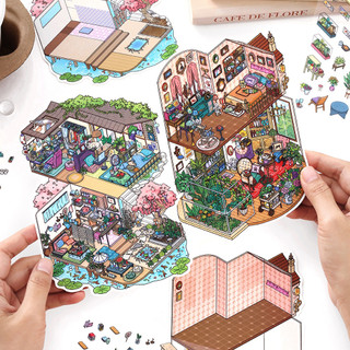 ENWEI 3 Cái [My Little House 11.0 Series] Nhãn dán phong cảnh 3D Chất liệu chống thấm nước Phong cách hoạt hình Album ảnh Nhật ký Công cụ lập kế hoạch Trang trí Nhãn dán văn phòng phẩm