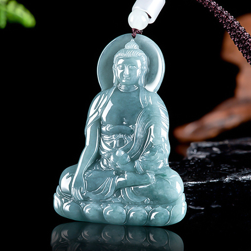 Tự Nhiên Một Hàng Ngọc Xanh Nước A Di Đà Ngọc Mặt Dây Chuyền Tathagata Phật Thần Hộ Mệnh Benming Phật Nam Nữ Mặt Dây Chuyền