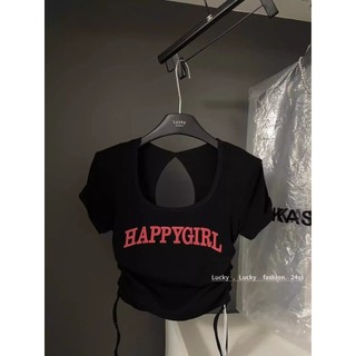 Thời Trang Mùa Hè Mỹ Hot Girl Slim-fit Co Giãn Dây In Chữ Phải Vai Ngắn T