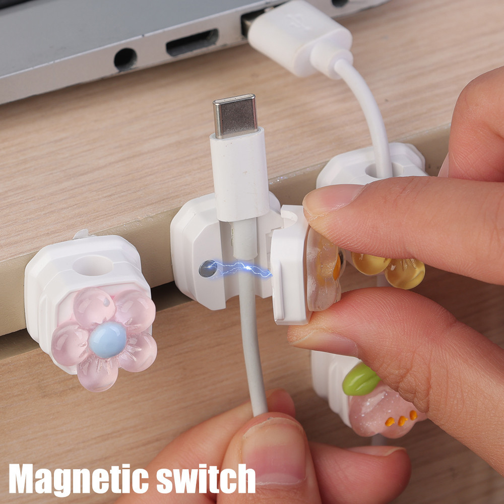 1 / 2 / 3 Kẹp cáp từ tính hoa đầy màu sắc - Giá đỡ dây sạc trái tim tình yêu - Dễ thương, Màu kẹo, Trong suốt - Dành cho gia đình, văn phòng, ô tô - Dụng cụ sắp xếp dây dưới bàn