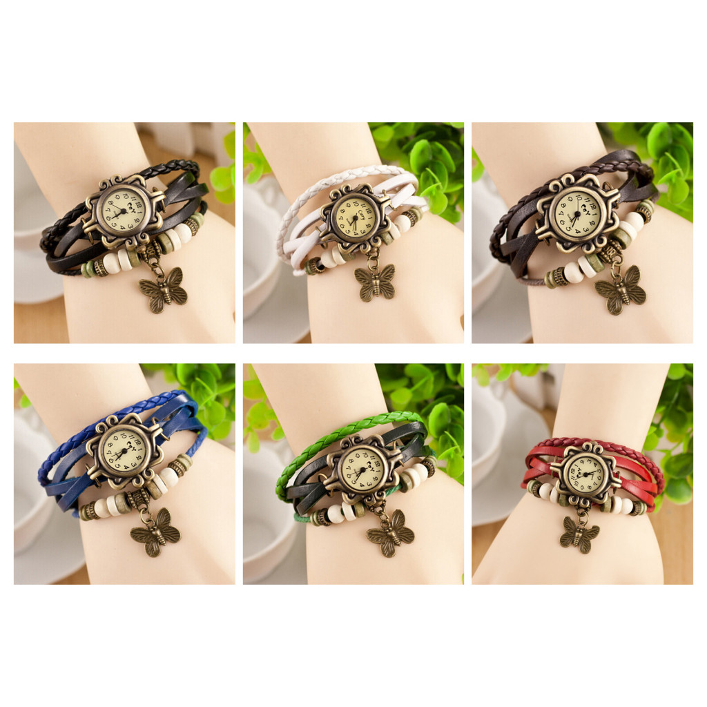 Một thế giới| Bướm Mặt Dây Chuyền Đồng Hồ Vintage Đồng Hồ Đeo Tay Phong Cách Bohemian Nhiều Lớp Bướm Mặt Dây Chuyền Hạt Vòng Tay Vòng Tay Cho Nữ Retro Giả Da Dây Đeo Tay Nữ