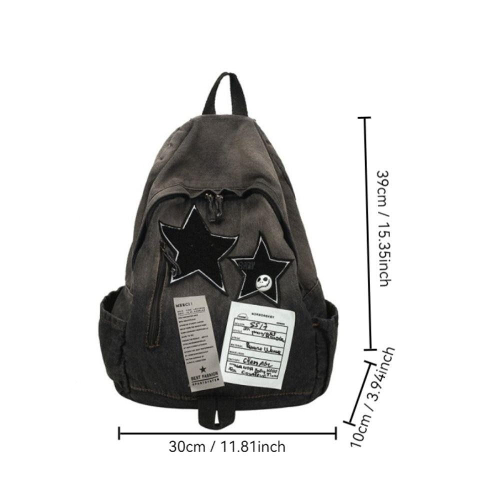 HOBBYIN Ba lô ngôi sao Denim HOBBYIN, Ba lô đi học công suất lớn họa tiết ngôi sao, Túi du lịch thời trang Unisex Y2K All Match ngoài trời