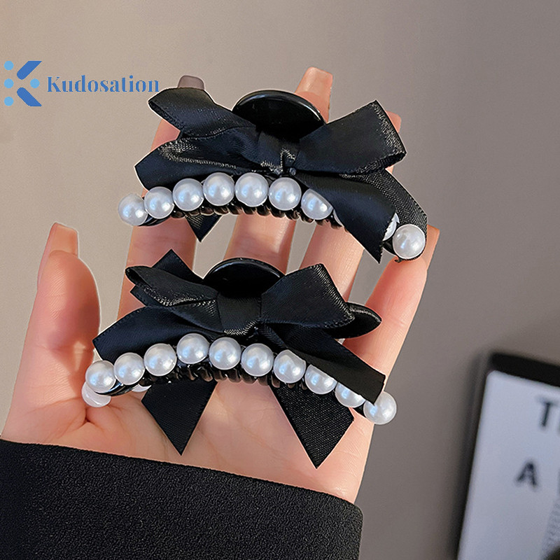 Kudosation Nơ Ngọc Trai Tóc Nhỏ Vuốt Kẹp Bé Gái Đen Đuôi Ngựa Giá Đỡ Barrettes Phụ Kiện Tóc
