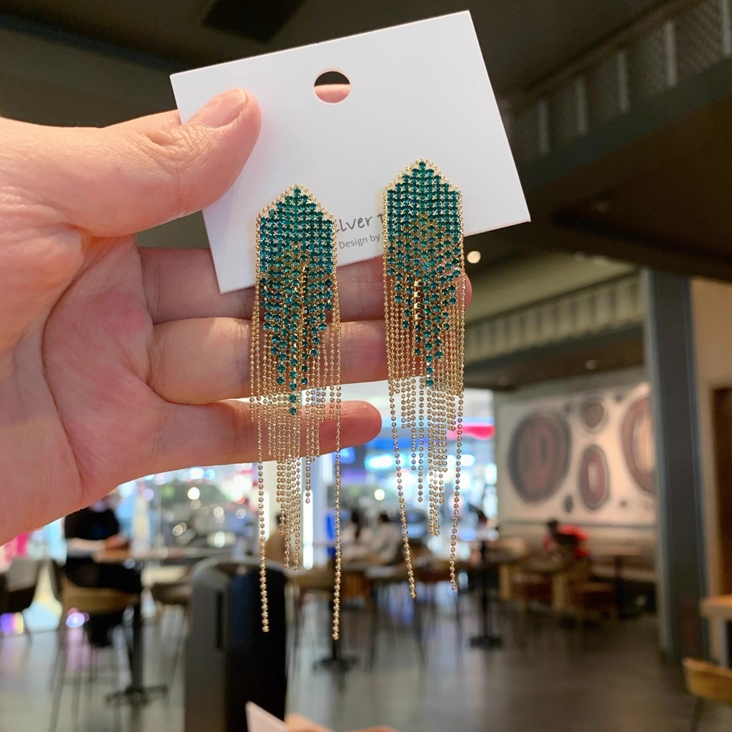 Pháp Phóng Đại Bông Tai Tua Rua Nhẹ Sang Trọng Kim Cương Giả Dài Nhiều Màu Sắc Bông Tai Zircon