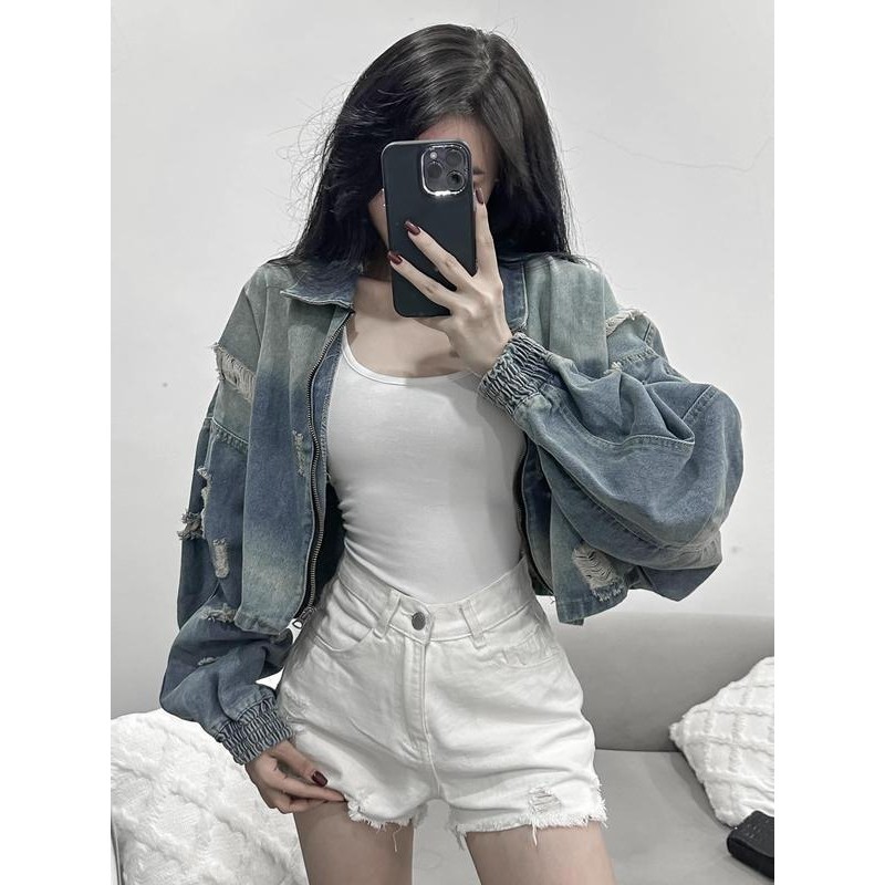 Áo khoác jean nữ croptop rách phong cách cá tính trẻ trung năng động mặc đi chơi đi học đi làm- AK015 Denim Jacket Women