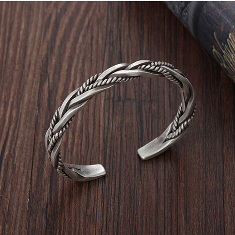 Bạc 925 Xoắn Vòng Tay Dệt Nam Nữ Trung Tính Retro Nguyên Bản Handmade Mở Vòng Tay Thời Trang Trang Trang Sức