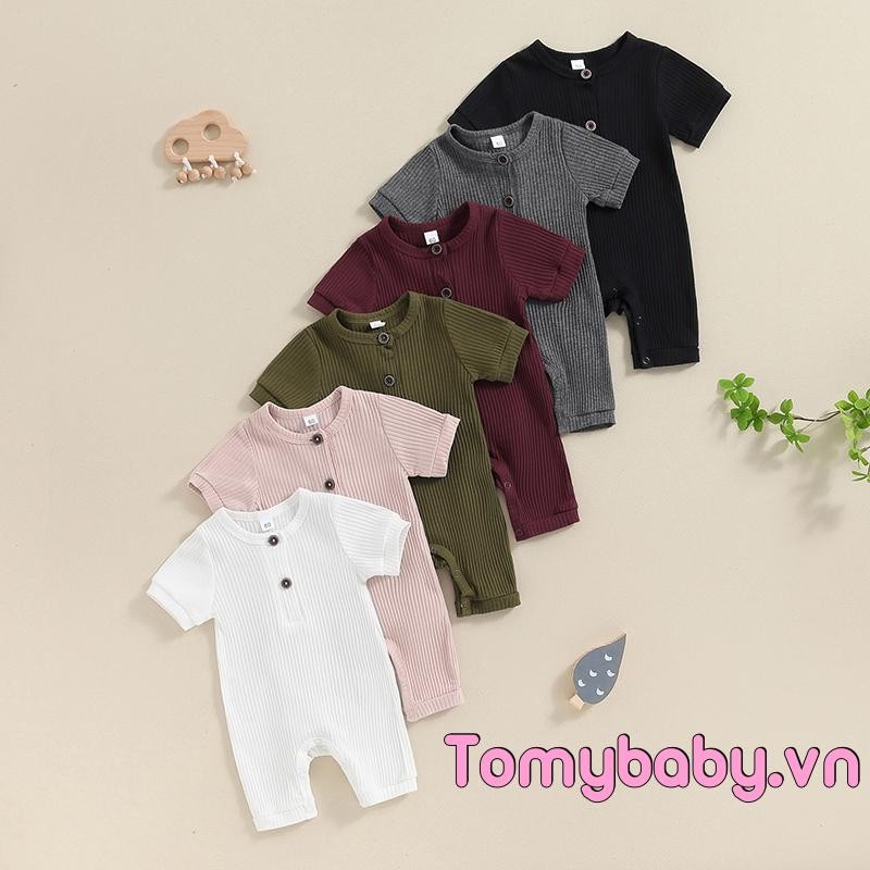 Bộ áo liền quần ngắn tay cho bé màu trơn đan gân cổ chữ O cho bé trai bé gái