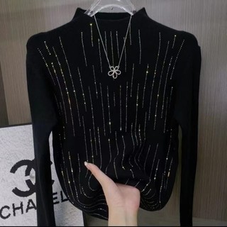 Thiết Kế Thời Trang Sense Kim Cương Đính Cổ Nửa Cổ Dệt Kim Đáy Áo Sơ Mi Nữ Thu Đông Phong Cách Mới Lớp