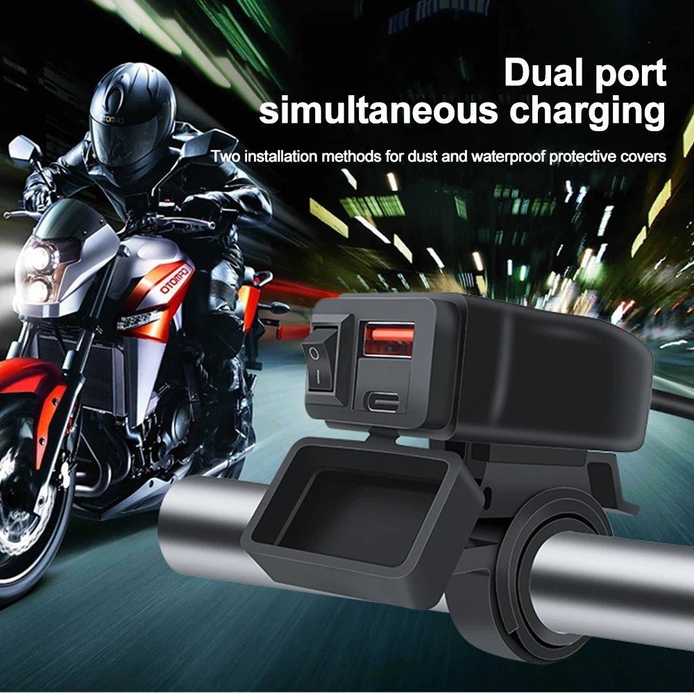 Bộ sạc xe máy QC3.0 USB kép Bộ sạc nhanh Bộ chuyển đổi nguồn Ổ cắm có công tắc Vôn kế kỹ thuật số chống nước Phụ kiện Moto