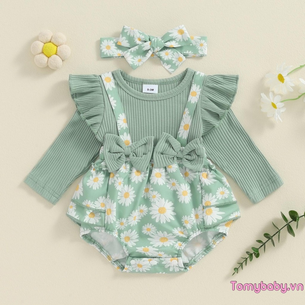 Bộ áo liền quần dài tay có gân mùa thu cho bé gái + Bộ băng đô