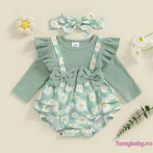 Bộ áo liền quần dài tay có gân mùa thu cho bé gái + Bộ băng đô