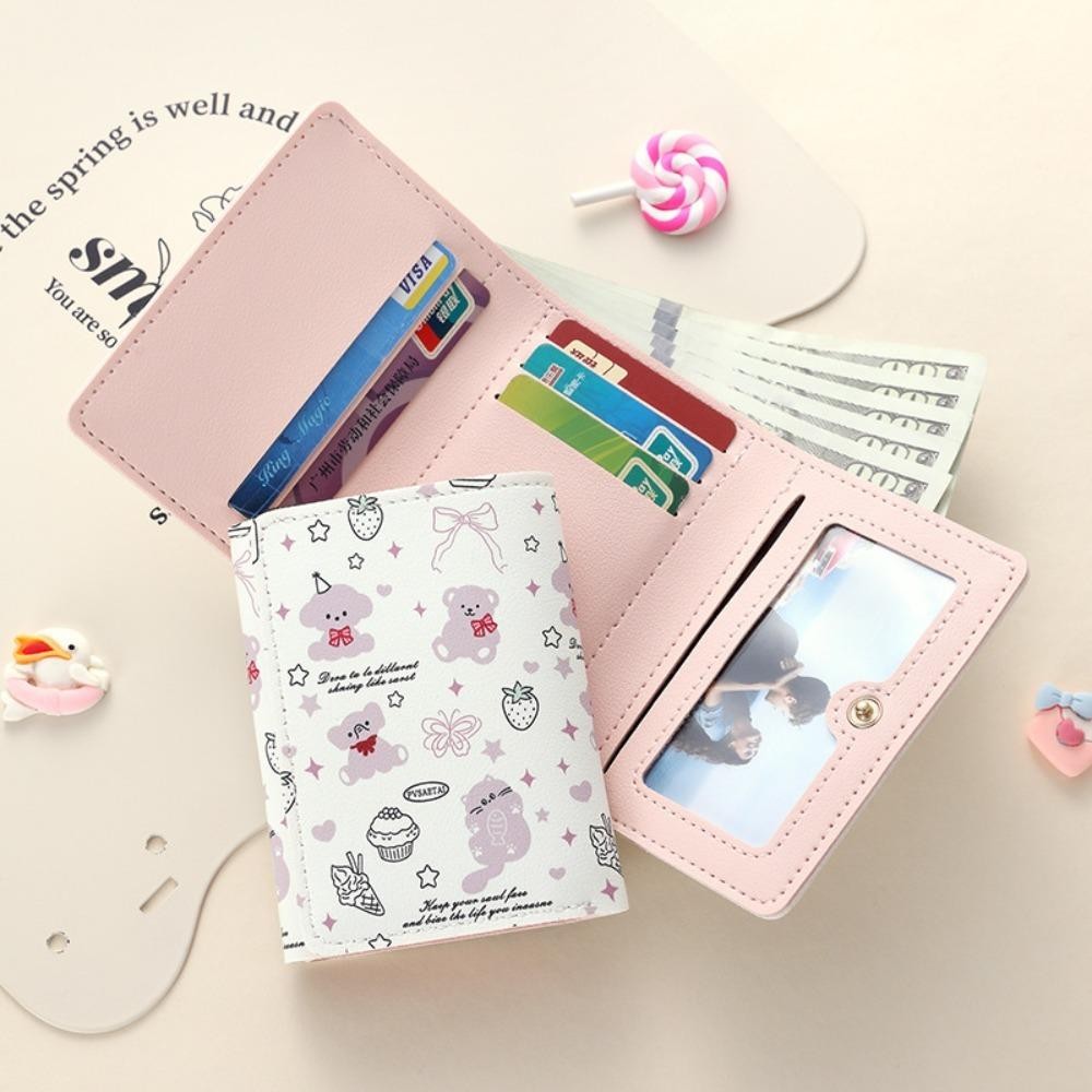 Ví đựng tiền xu SAMO, Ví ngắn hoạt hình Kitty, Túi đựng tiền bằng da PU nơ sinh viên