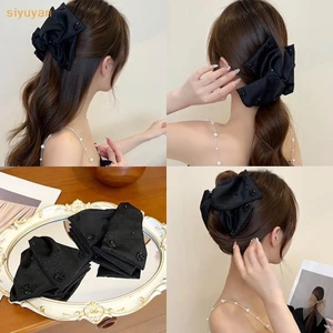 Siyuyan Vintage Mềm Đen Sa Tóc Móng Vuốt Kim Cương Giả Kẹp Tóc Nơ Lớn Trang Trí Nữ Phụ Kiện Tóc VN