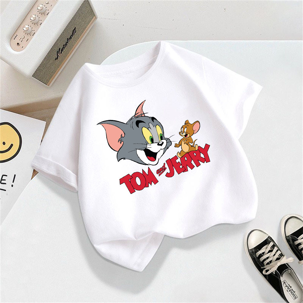 2024 Ngắn Tay Trắng T-Shirt Với Tom Và Jerry In Vui Vẻ Phim Hoạt Hình Cho Bé Trai Và Bé Gái