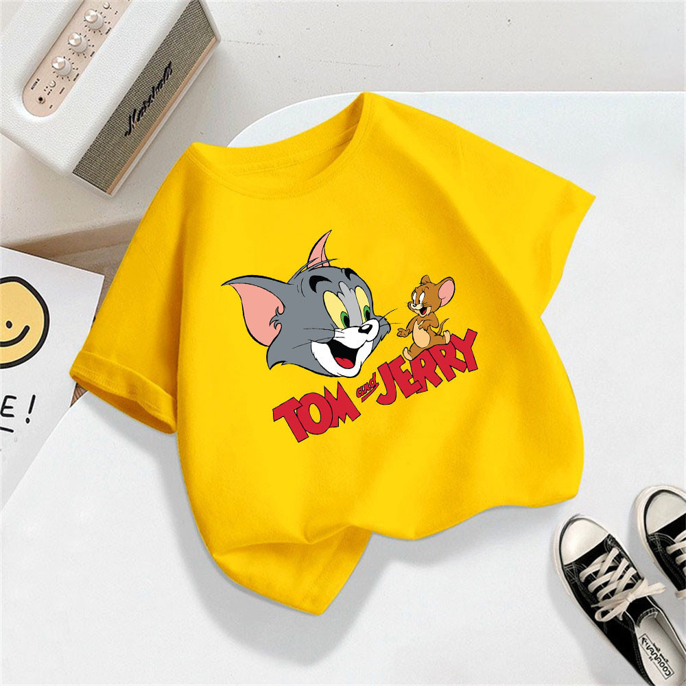2024 Ngắn Tay Trắng T-Shirt Với Tom Và Jerry In Vui Vẻ Phim Hoạt Hình Cho Bé Trai Và Bé Gái