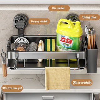 Kệ Đựng Đồ Rửa Chén Hút Chân Không MAISON Chất Liệu Nhựa ABS Kèm Móc Treo Khăn, Hộp Đũa Tiện Lợi