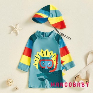 MG-Toddler Boys Rash Guard Đồ bơi Bộ đồ tắm dài tay sọc in hình khủng Long có mũ bơi