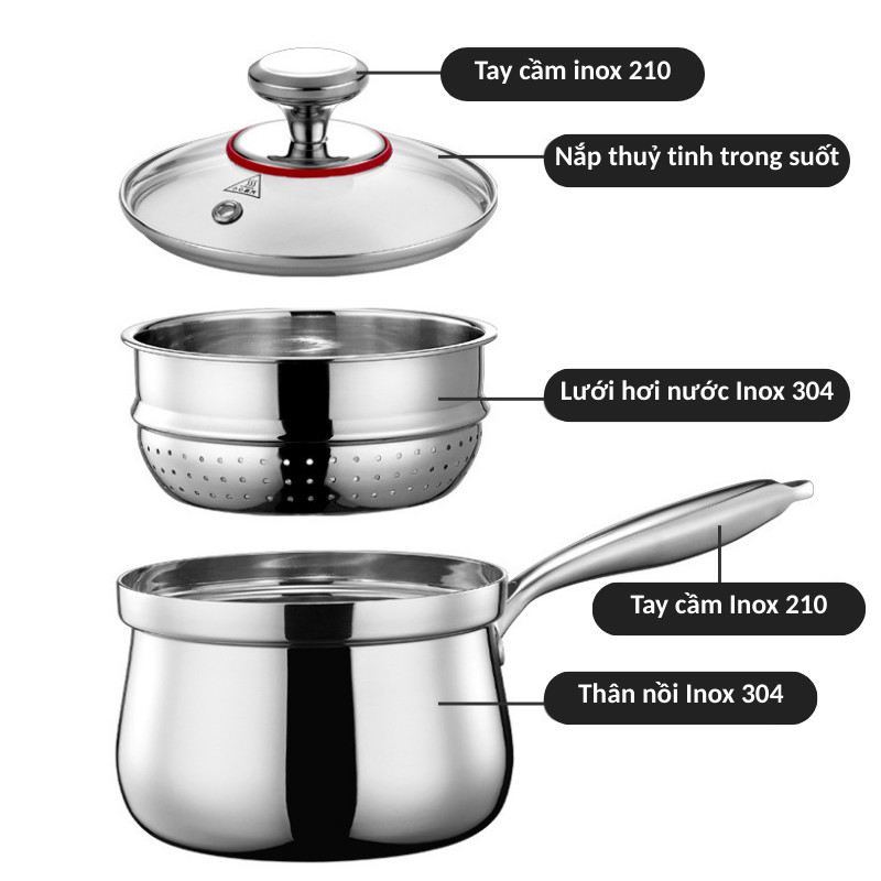 Nồi Inox 2 Tầng Hấp + Nấu Dung Tích 2.4L – Kèm Lưới Hấp Inox 304, Dẫn Nhiệt Đều, Dùng Được Mọi Loại Bếp | 311