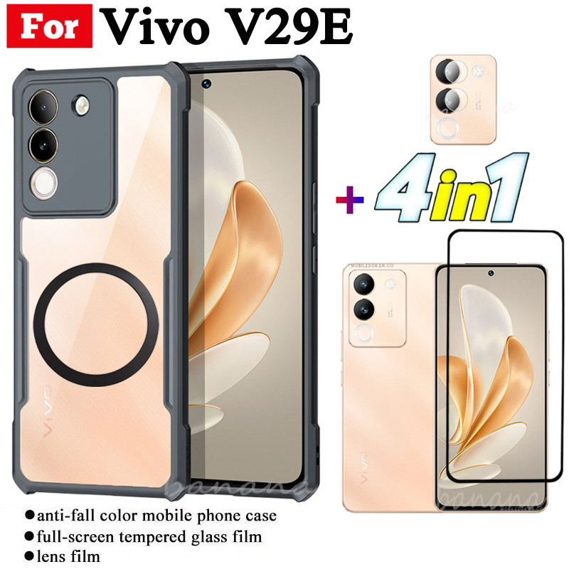 Ốp điện thoại chống sốc 4 trong 1 Vivo V29E có nhãn dán sạc không dây từ tính cho Vivo V27E V25E V23E V40 Lite V50 Lite Kính cường lực bảo mật chống gián điệp + Phim ống kính