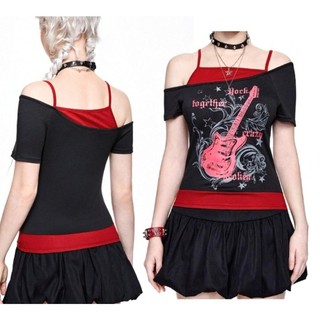 Áo Crop vai ngắn tay kiểu Gothic dành cho nữ có đồ họa đàn Guitar cổ điển