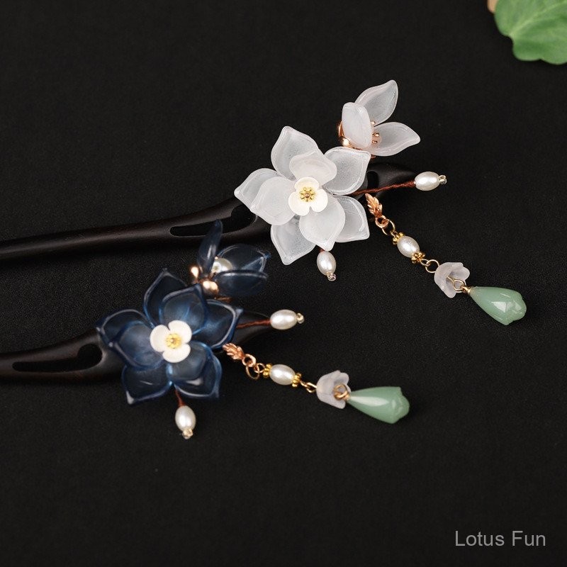 Handmade Ngọc Xoắn Kẹp Tóc Hoa Mun Kẹp Tóc Hanfu Trang Phục Cổ Kính Hoa Mộc Lan Cổ Điển Tính Khí Thanh Lịch Tua Rua Bước Hình Hanfu Sườn Xám Cuộn Dây