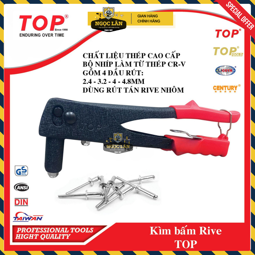 [Chình hãng TOP] Kìm rút rive TOP rút tán đinh rive nhôm hàng Đài Loan thép CR-V cao cấp (mã TB-724)