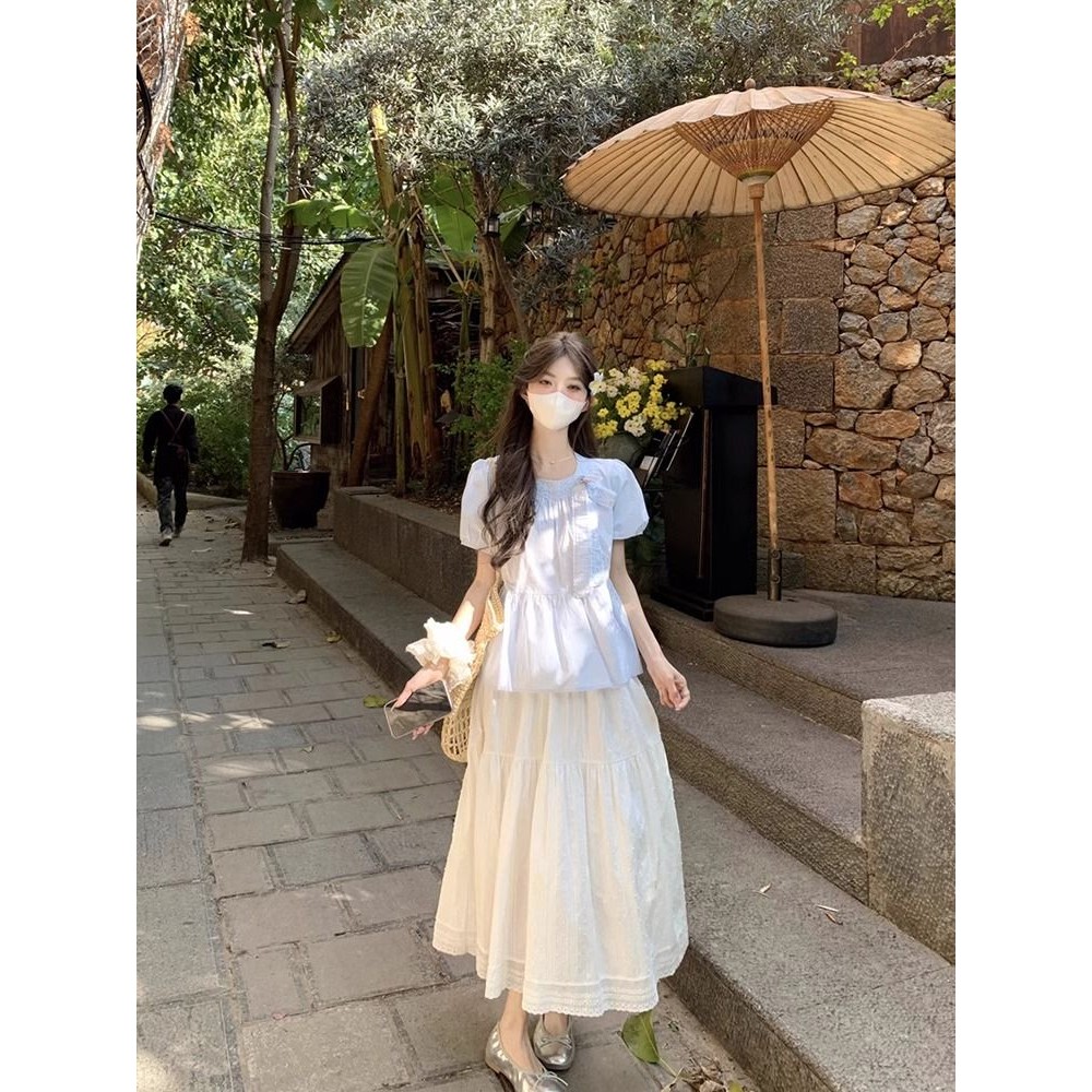[YU]Áo sơ mi nữ tay phồng kèm nơ, dáng búp bê, thiết kế ngọt ngào, thoáng mát, dễ thương.