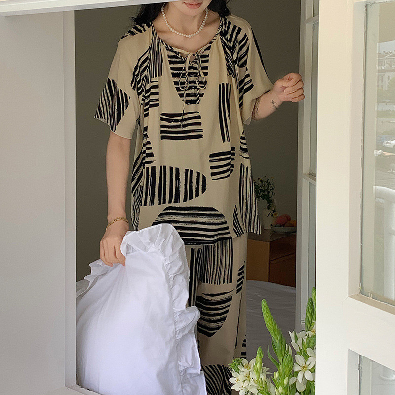 Bộ Đồ Ngủ Nữ Mùa Hè Cotton Lụa, Phong Cách Mới Sọc, Kích Thước Lớn, Phù Hợp Làm Loungewear